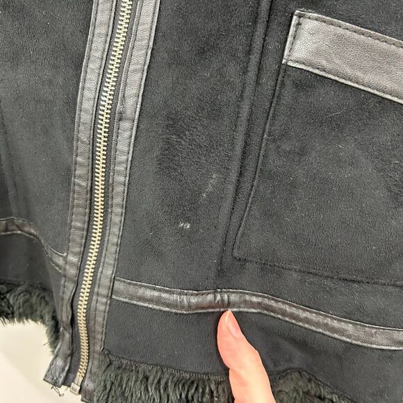 Express Neutral Black Faux Suede Fur Zip Up Moto Jacket Coat Medium Buckle - Picture 9 of 10